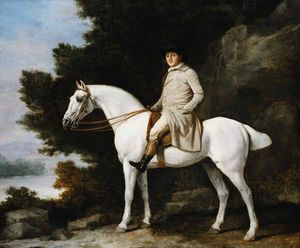 A-Gentleman-on-a-Grey-Horse-in-a-Rocky-Wooded-Landscape