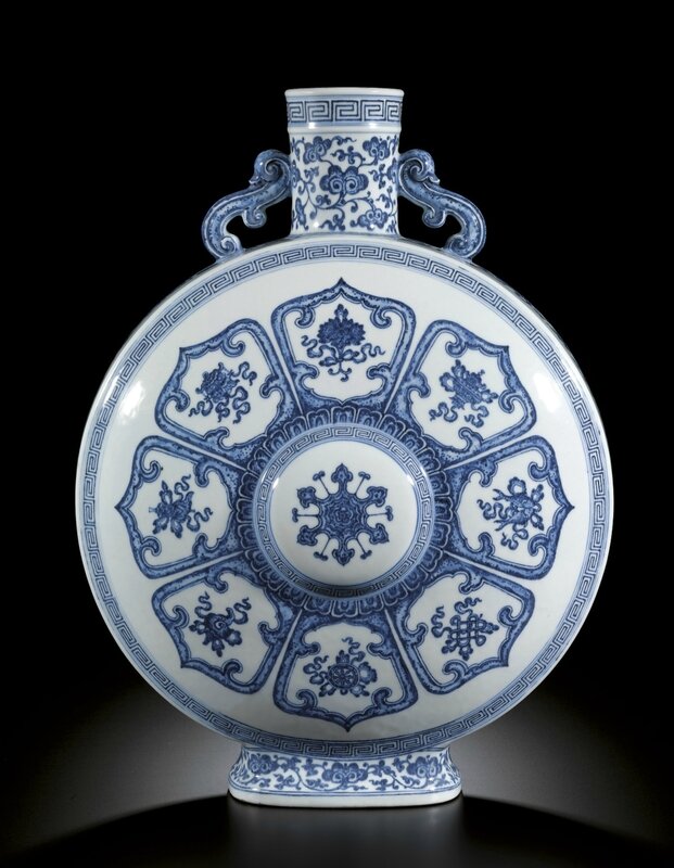 A fine Ming-style blue and white pilgrim moonflask, Mark and period of Qianlong
