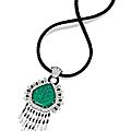 18 karat white gold, carved emerald, diamond, pearl and onyx pendant-necklace
