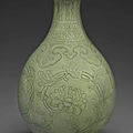An unusual celadon-glazed carved pear-shaped vase, yuhuchunping, 18th century