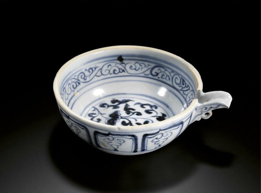 A rare blue and white pouring bowl, Yuan dynasty