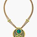 A black opal, demantoid garnet, sapphire and enamel necklace, by louis comfort tiffany, tiffany & co