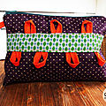 Trousse / POchette prune originale retro chic pois / bohème boucles orange pétant - losange vert maquillage - mélange de styles
