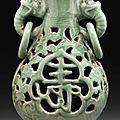 A rare Longquan celadon openwork pear-shaped double vase, Ming dynasty, circa 1450-1550