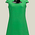 Pierre cardin boutique, fall-winter 1968-1969. a green wool dress, collar and hem encrusted with black vinyl