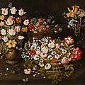 Osias beert the elder, still life of tulips and an apothecary's rose in a stoneware vase, irises and lilies in a glass vase,...