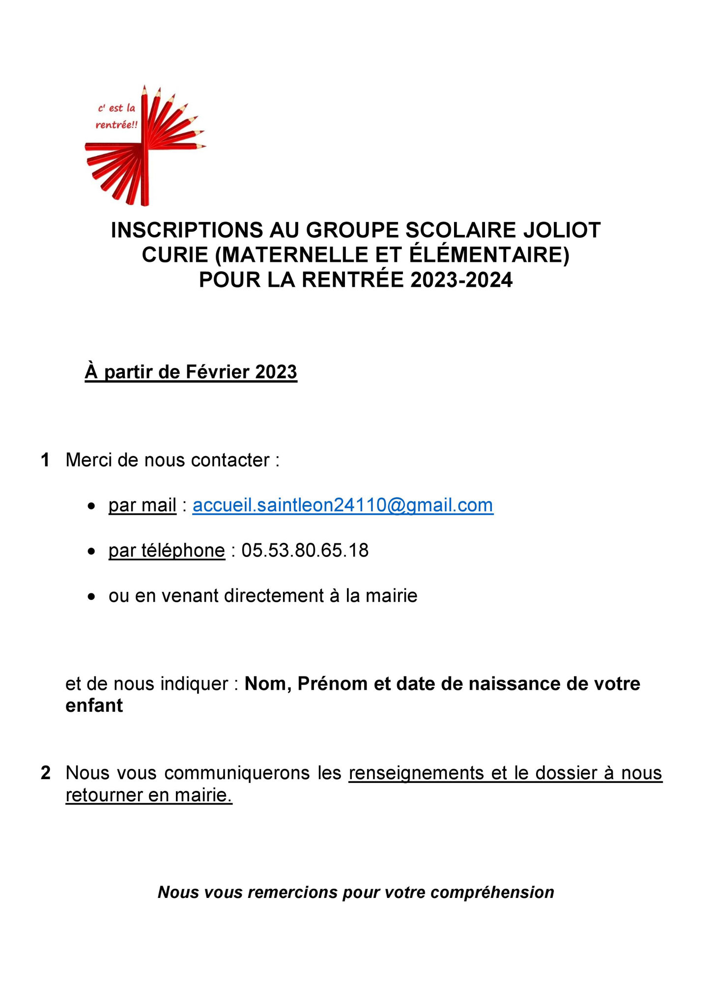 Information Mairie Inscriptions Scolaire Pour La Rentrée 2023 2024