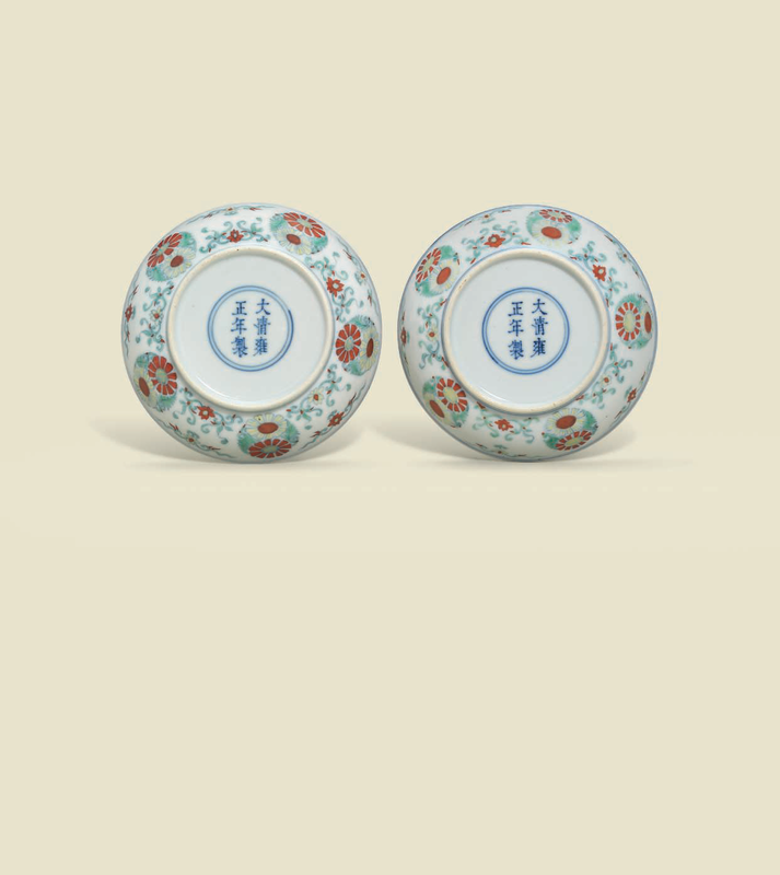 A pair of finely enamelled doucai floral dishes, Yongzheng six-character marks in underglaze blue within double circles and of the period (reverse)