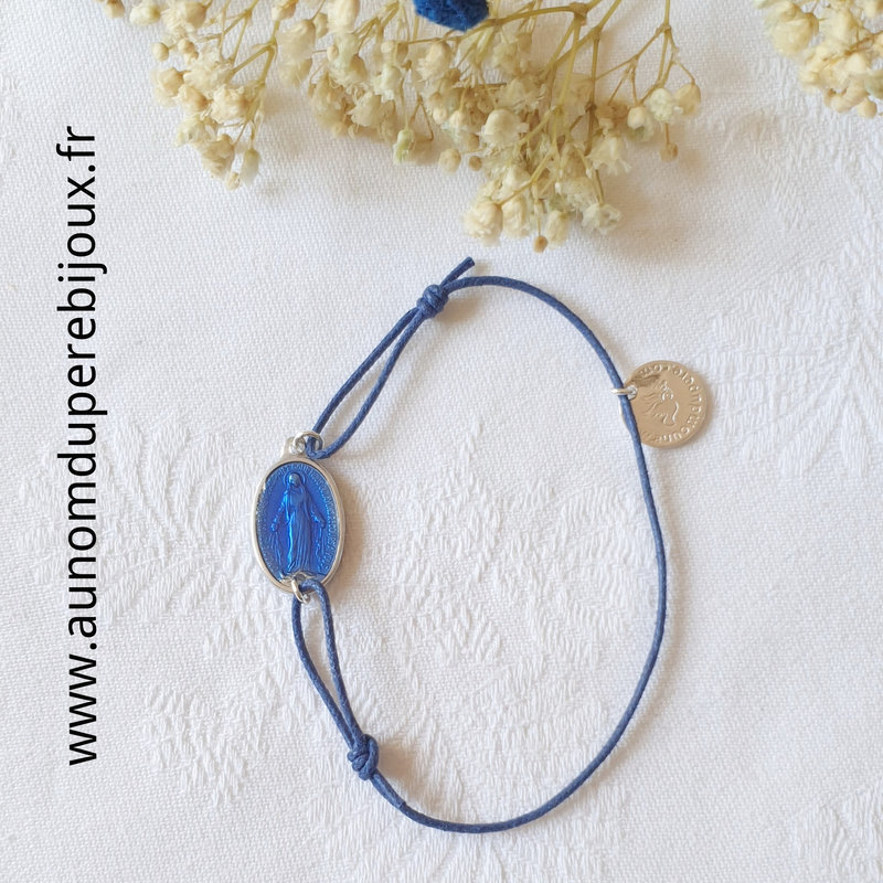 Bracelet Médaille miraculeuse émaillée sur cordon fin (bleu nuit)