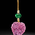 A pink tourmaline 'peach and bats' pendant, late qing dynasty