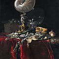 Willem van aelst, still life with fish, bread, and a nautilus cup