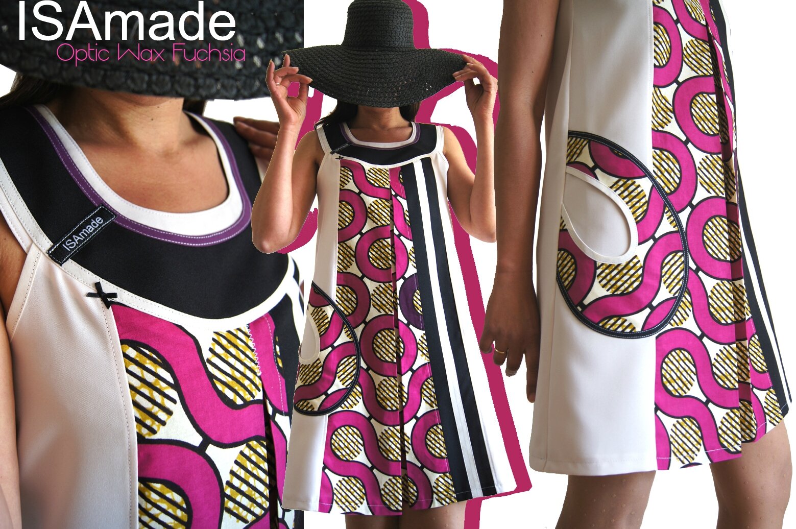 Robe trapèze Graphique Blanc écru imprimé wax africain avant gardiste design optique Fuchsia/ noir