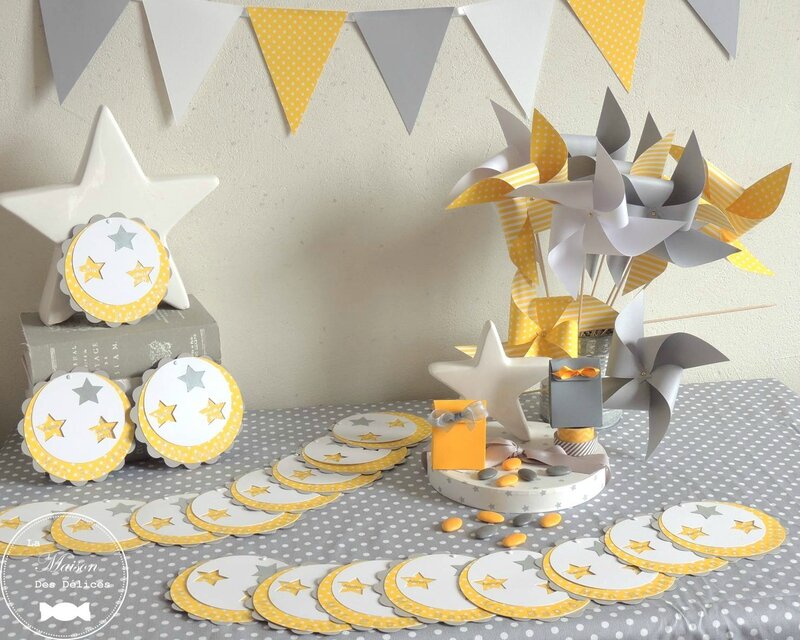Baptême thème étoile jaune, gris et blanc - La Maison des Délices, dragées  de mariage et contenants de qualité