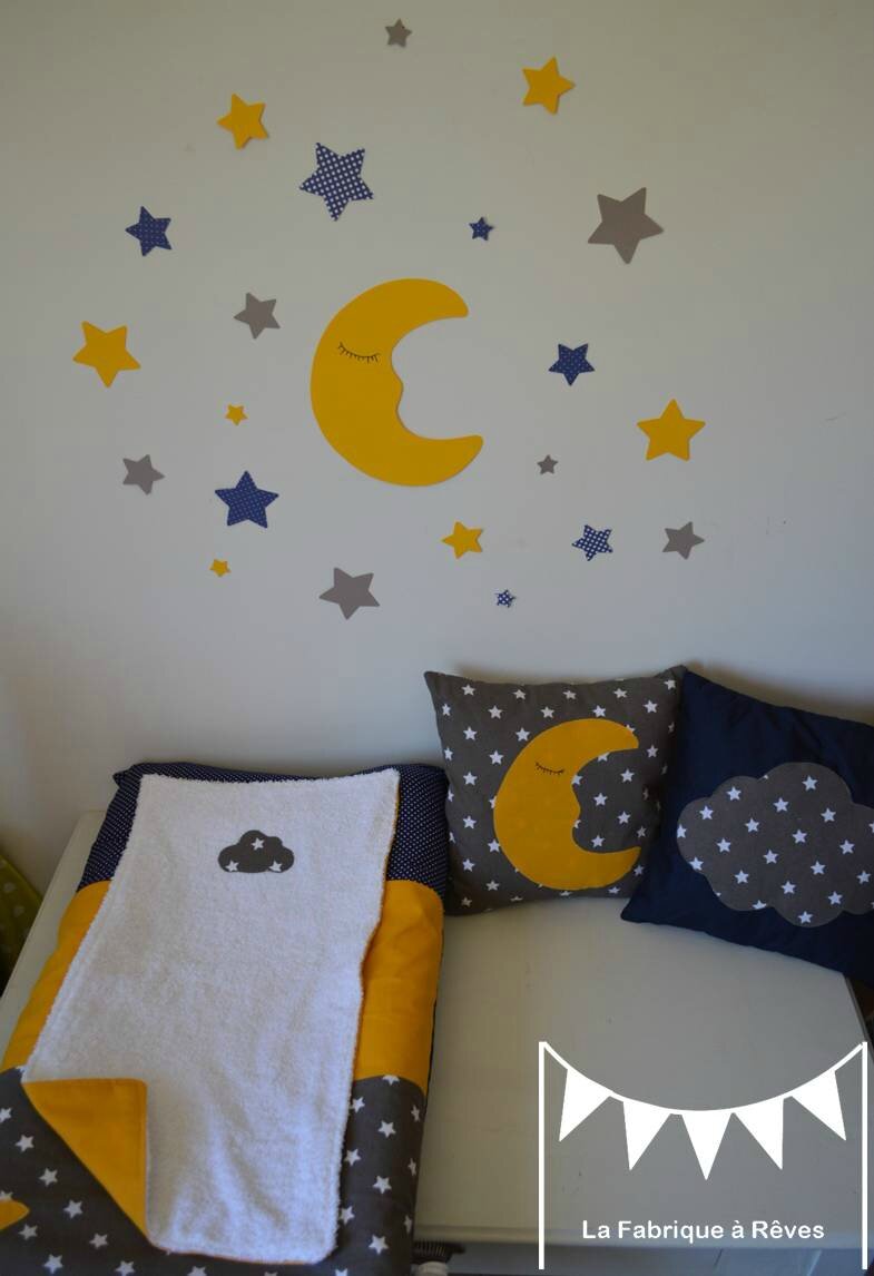 décoration chambre bébé étoiles nuages lune jaune bleu marine taupe blanc