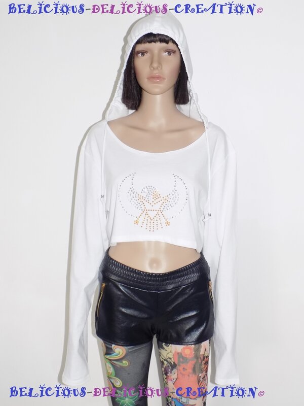 white hoody with motif eagle en diamante femme
