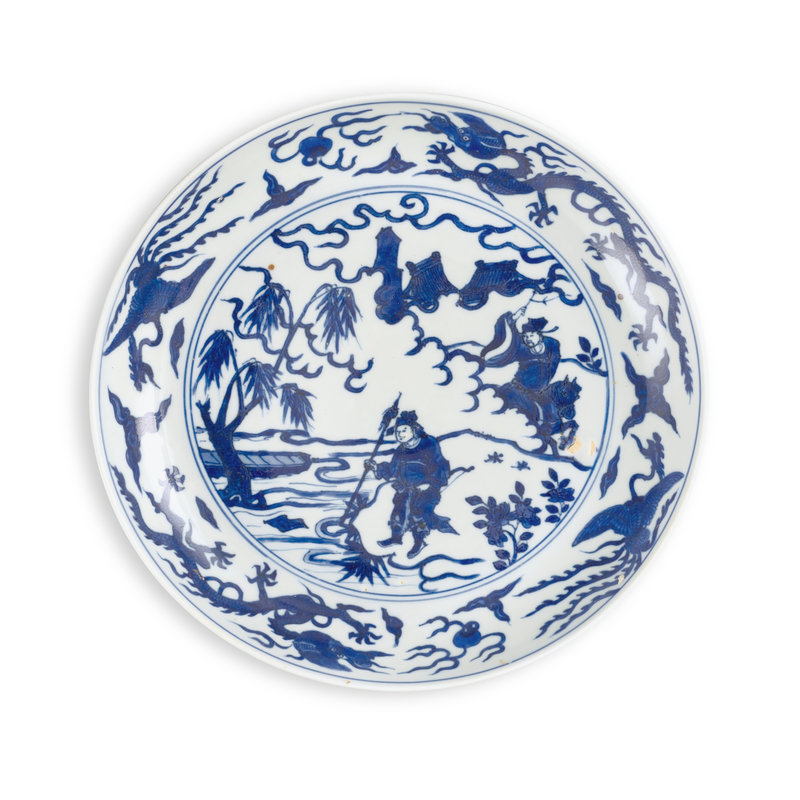 A blue and white 'figural' dish, Mark and period of Wanli