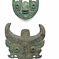 Two archaic bronze 'taotie' masks, Late Shang and Western Zhou Dynasties