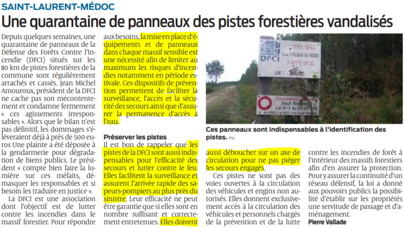 2021 07 09 SO Saint-Laurent-Médoc une quarantaine de panneaux des pistes forestières vandalisés