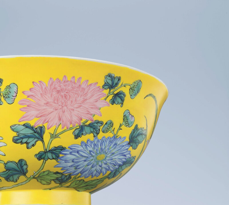 A very rare imperial yellow-ground falangcai ‘floral’ bowl, Kangxi pink-enamelled four-character yuzhi mark within double squares and of the period (1662-1722)