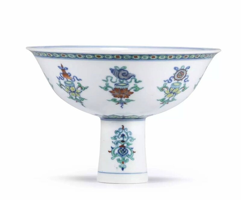 An exceptionally rare Imperial doucai 'Eight Buddhist Emblems' stem bowl, Yongzheng six-character mark and of the period