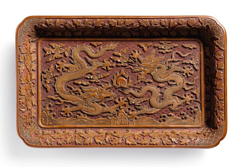 A rare carved yellow lacquer 'dragon' tray, Ming dynasty, Wanli period, dated to the renchen year (in accordance with 1592)