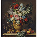 Anne vallayer-coster, nature morte au vase d’albâtre rempli de fleurs avec sur une table plusieurs espèces de fruits, ..
