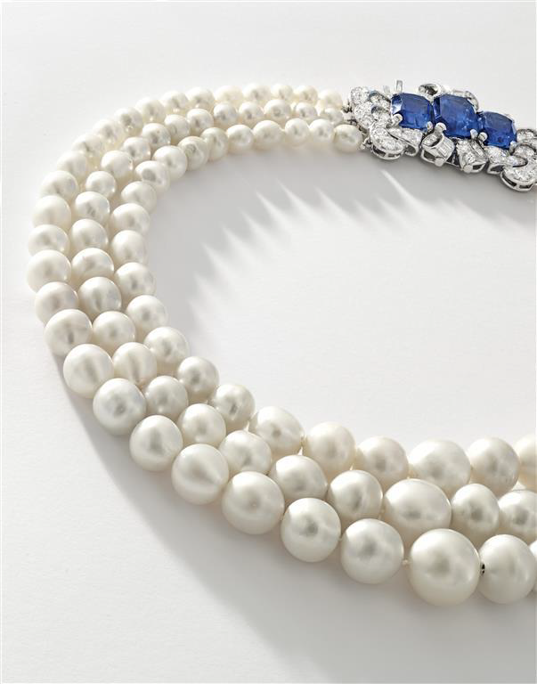 Triple-Strand Natural Pearl and Sapphire Necklace