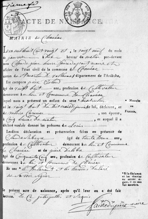 Louis Testard, naissance, 20 janvier 1820