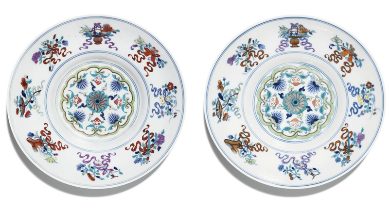 A pair of doucai 'Bajixiang' bowls, Qianlong seal marks and period