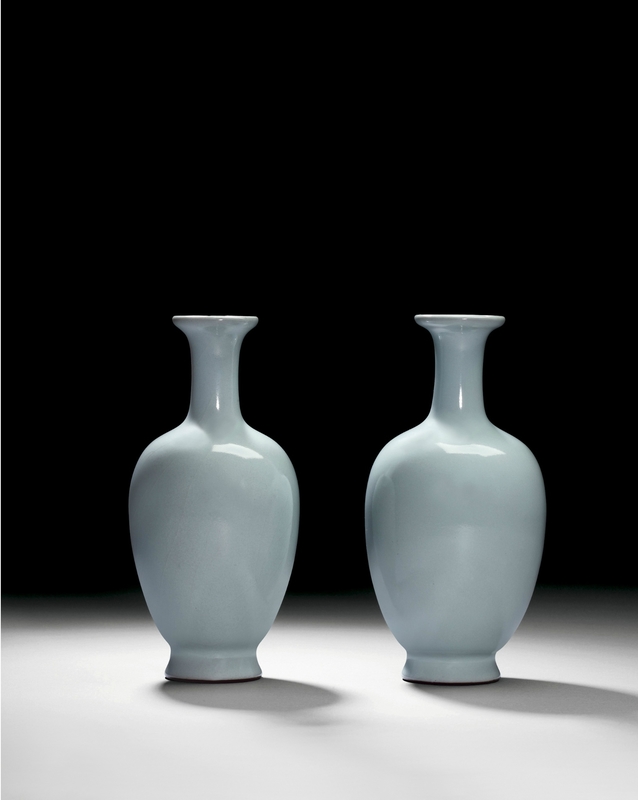 A fine pair of 'ru'-type vases, Seal marks and period of Qianlong