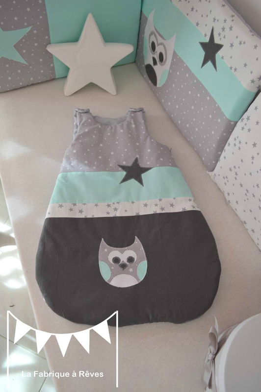 gigoteuse turbulette gris vert d'eau étoiles hibou - décoration chambre bébé fille garçon chouette étoiles vert d'eau gris