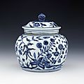 Porcelain jar and cover painted in underglaze blue, ming dynasty, yongle period (1403-1424)