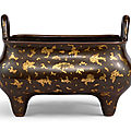 ﻿a large gold-splashed bronze rectangular incense burner, qing dynasty, 17th-18th century