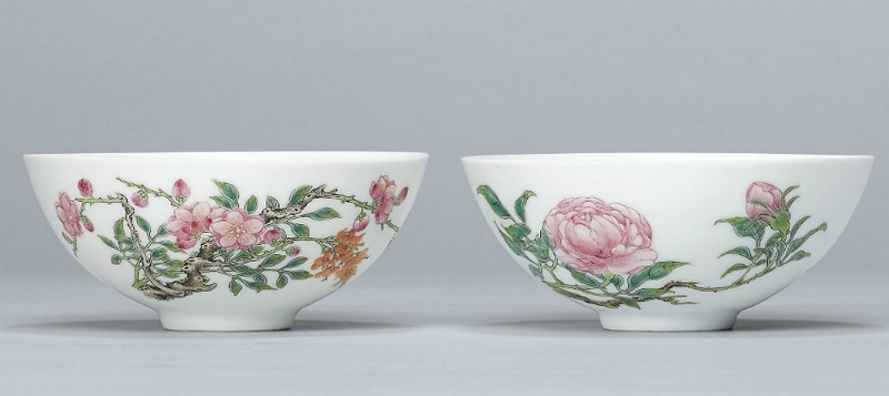 A pair of famille rose bowls; The porcelain Yongzheng six-character ...