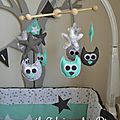 mobile éveil bébé hibou étoiles vert eau gris - décoration chambre bébé vert eau gris foncé gris clair hibou étoiles