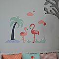 stickers flamant rose nuage étoiles palmier corail saumon vert eau gris - décoration chambre bébé flamant rose