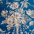 15-313 magnifique tissu ancien 19thcentury bleu oiseaux et vase medicis