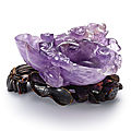 A rare carved amethyst brush washer and stained ivory stand, qing dynasty, qianlong period (1736-1795)