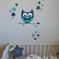 stickers hibou chouette décoration chambre enfant bébé garçon étoiles pétrole turquoise caraïbe gris