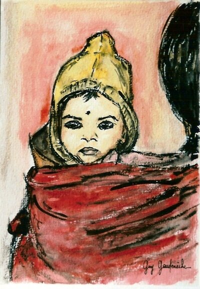 Bebe Indien Sur Le Dos De Sa Maman Guy Gaudeneche Artiste Peintre Portraitiste