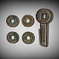 A group of five bronze coins, xin dynasty (9-24) and tang dynasty (618-907)
