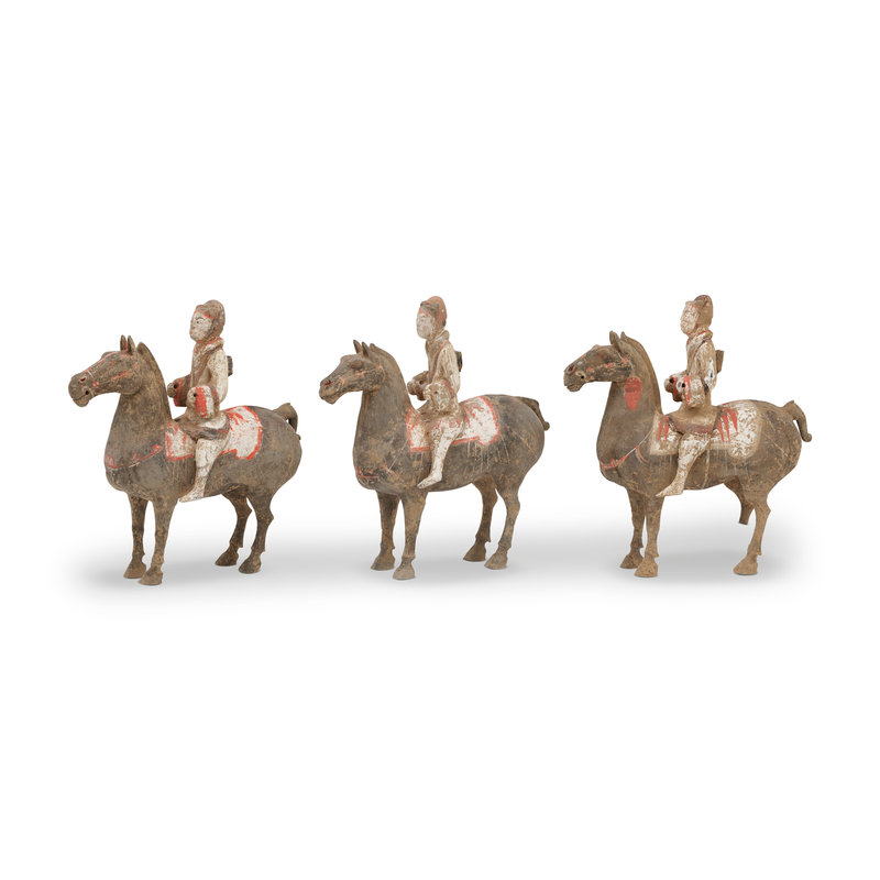 Three painted pottery equestrian figures, Han dynasty (206 BC-AD 220)