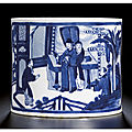 A blue and white brushpot with figures, qing dynasty, kangxi period (1662-1722)