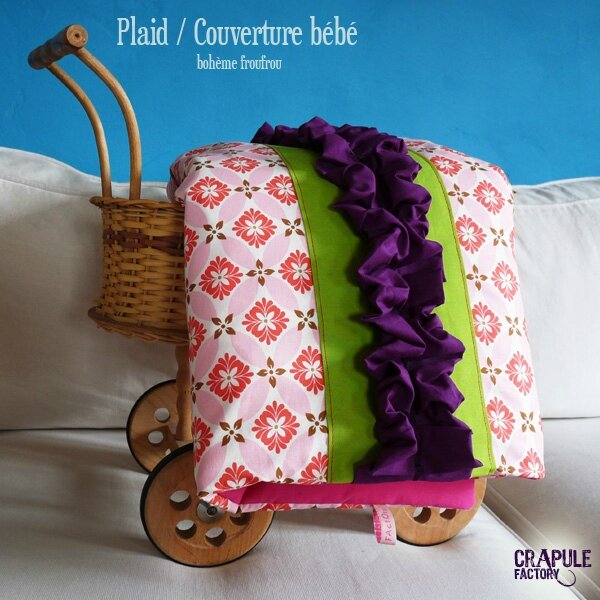 Plaid / Couverture bébé original bohème à fleur et son froufrou chic - molletonnée - idéal cadeau de naissance