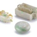 Two jadeite boxes and covers and a jadeite ‘chilong’ washer, late qing dynasty and 20th century 
