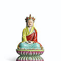 A rare famille rose figure of a seated ksitigarbha, china, qing dynasty, qianlong period (1736-1795)