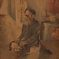 Peinture polychrome sur soie, représentant un fumeur de pipe. signée vietnam, xxe siècle