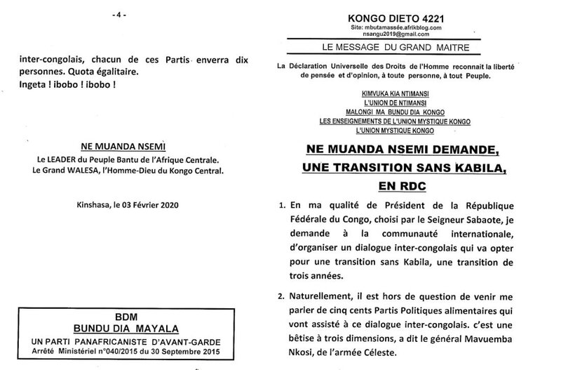 NE MUANDA NSEMI DEMANDE UNE TRANSITION SANS KABILA EN RDC a