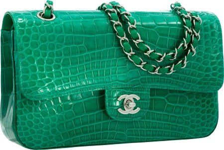 Chanel Shiny Green Crocodile Medium Double Flap Bag with Silver Hardware