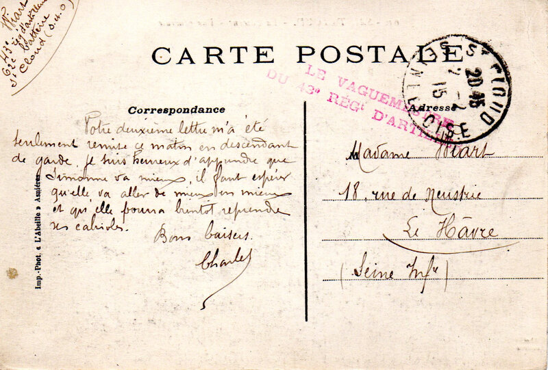 Saint-Cloud, Caserne Sully, correspondance Charles Wiart 62e batterie 02-02-1915